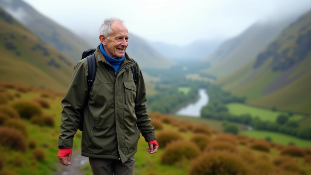 Experienced hiker on mountain trail with valley views, comfortable walking pace, scenic Irish glen landscape
