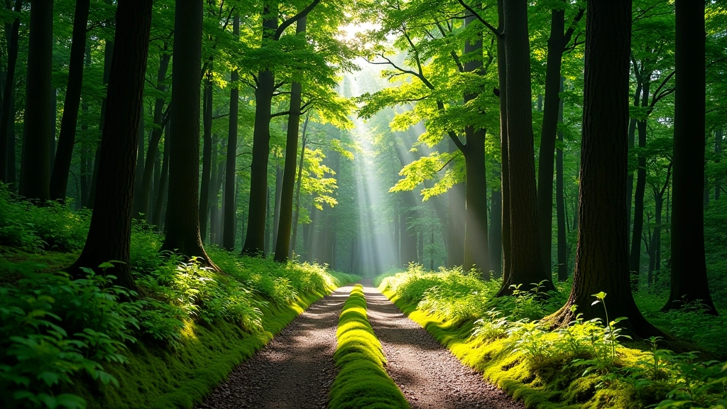Dense forest path with tall trees, soft ground, dappled light filtering through canopy