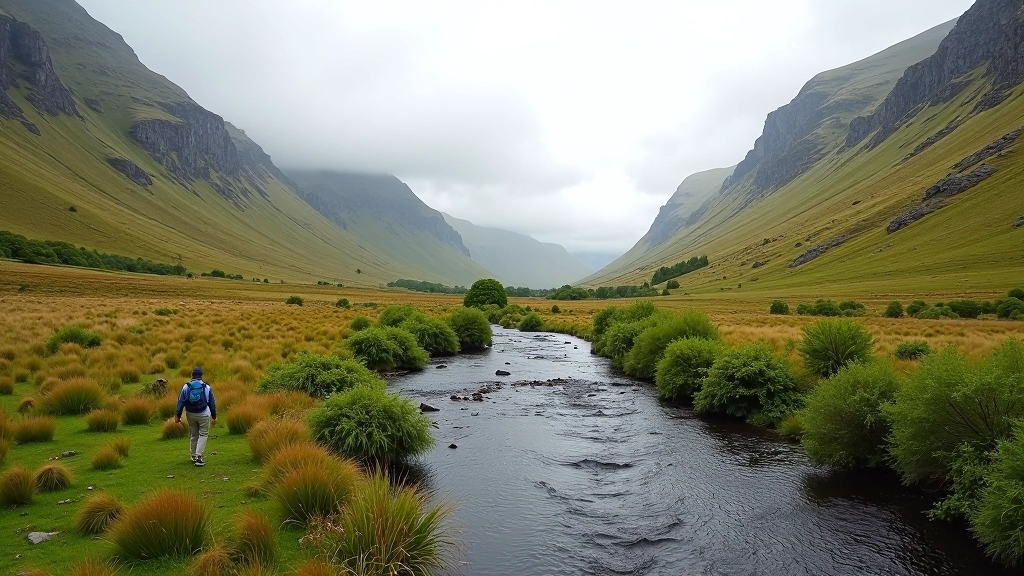 Glenmalure valley circuit hiking trail with river and mountains