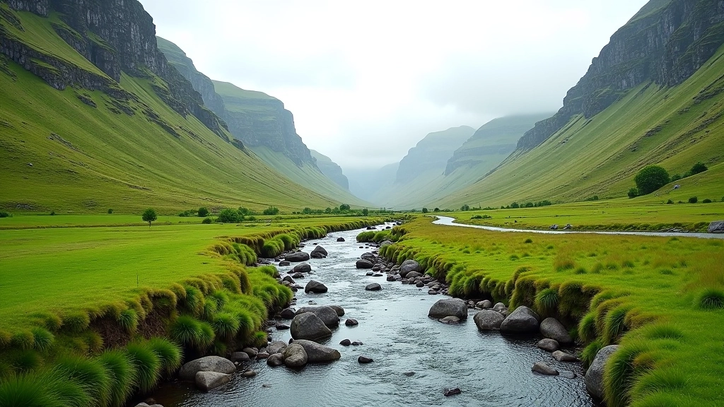 Mountain valley floor with river, steep cliffs, and green vegetation on both sides