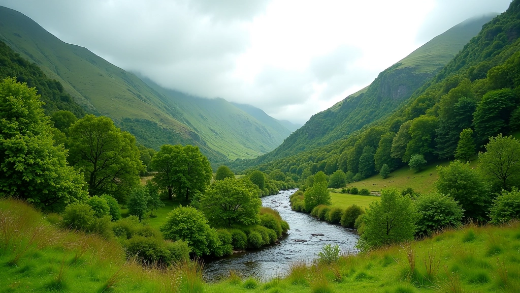 Glenmalure Valley showing lush green valley floor with river and forested hillsides