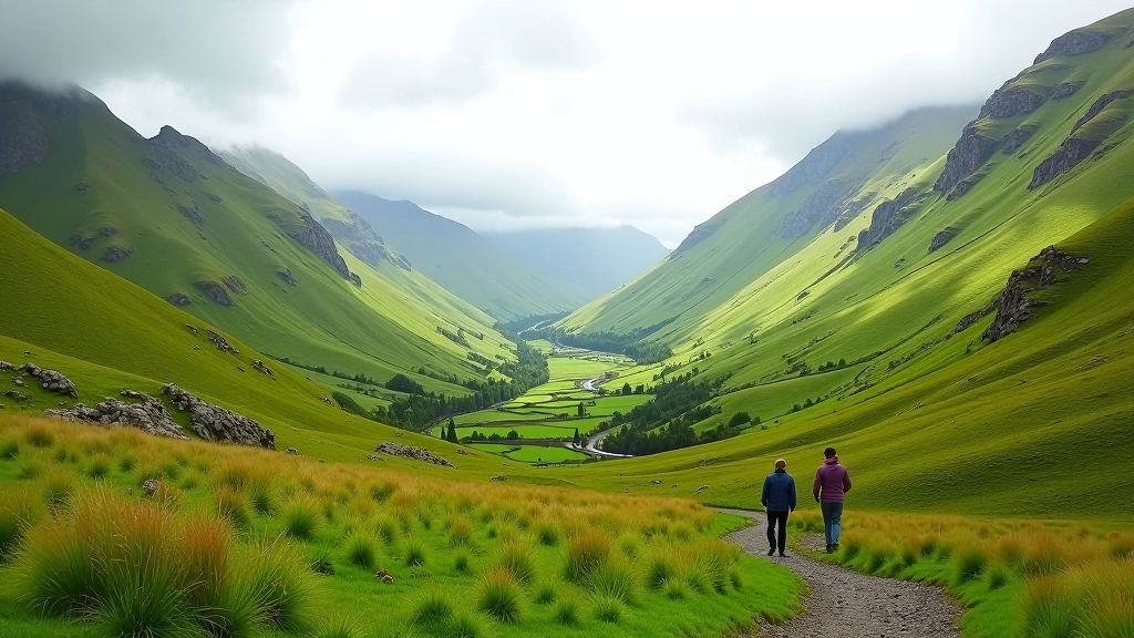Glenmalure Valley with green slopes and walking circuit path