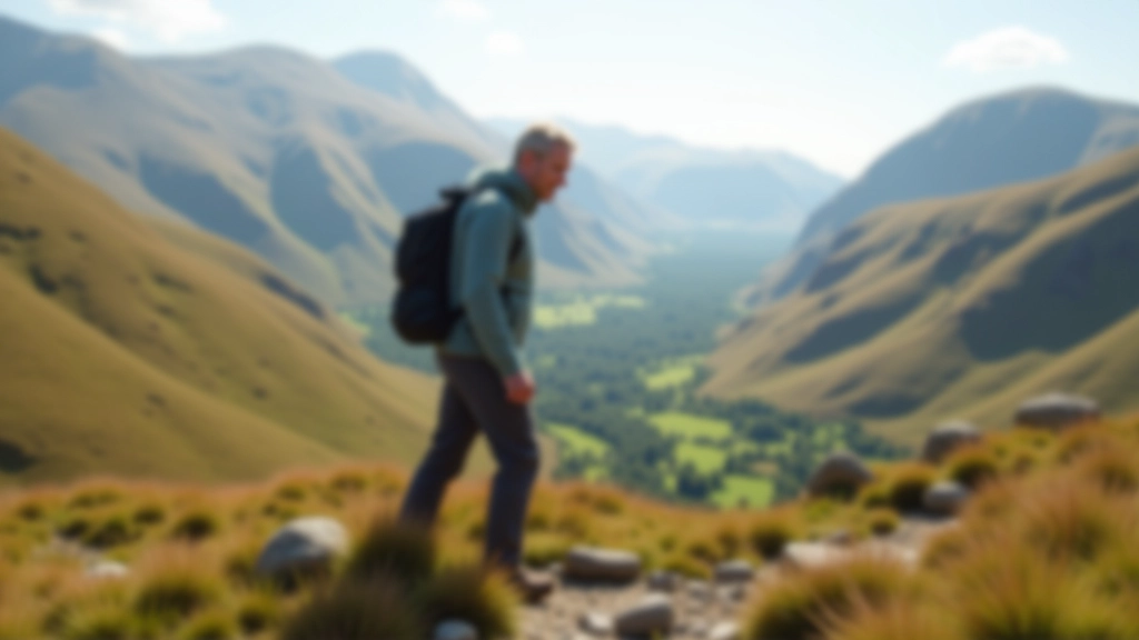 Hiker wearing appropriate gear standing on mountain trail with valley backdrop