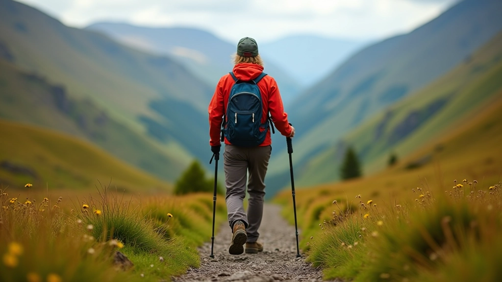 Hiker on mountain trail with proper walking boots and hiking poles navigating rocky terrain