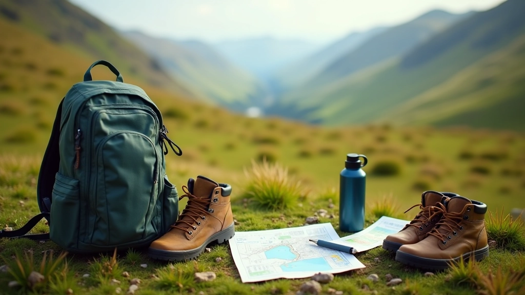 Hiking backpack and water bottle on ground with mountain landscape in background