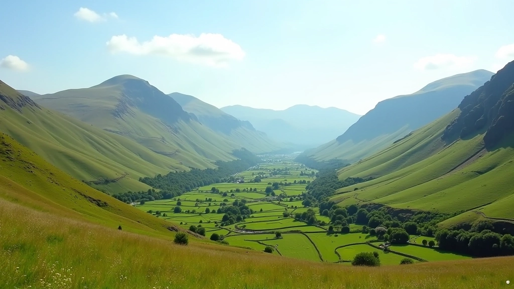 Stunning mountain valley landscape with green slopes and distant peaks in Irish countryside