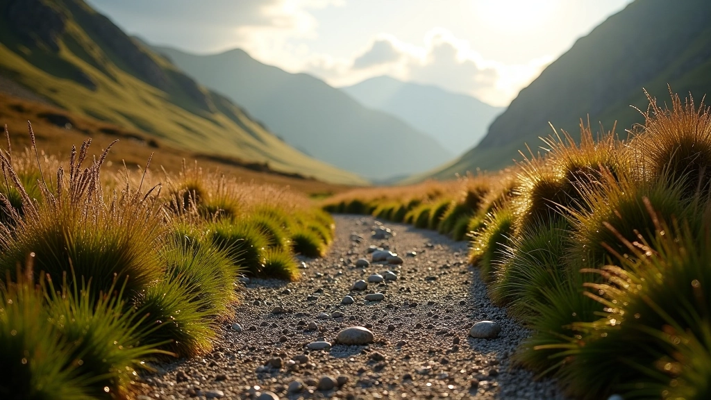 Close-up of well-maintained compacted earth trail surface with gentle gradient, showing accessible mountain path conditions suitable for senior walkers