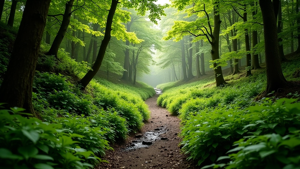 Mountain trail passing through wooded section with natural tree shelter, stream visible alongside the path