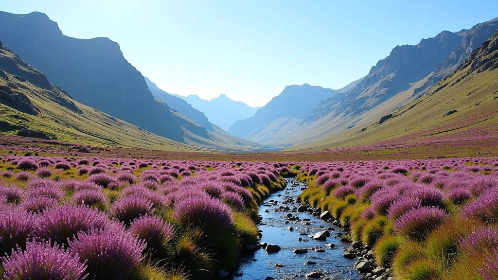 Scenic mountain valley landscape with purple heather flowering on hillsides and clear weather