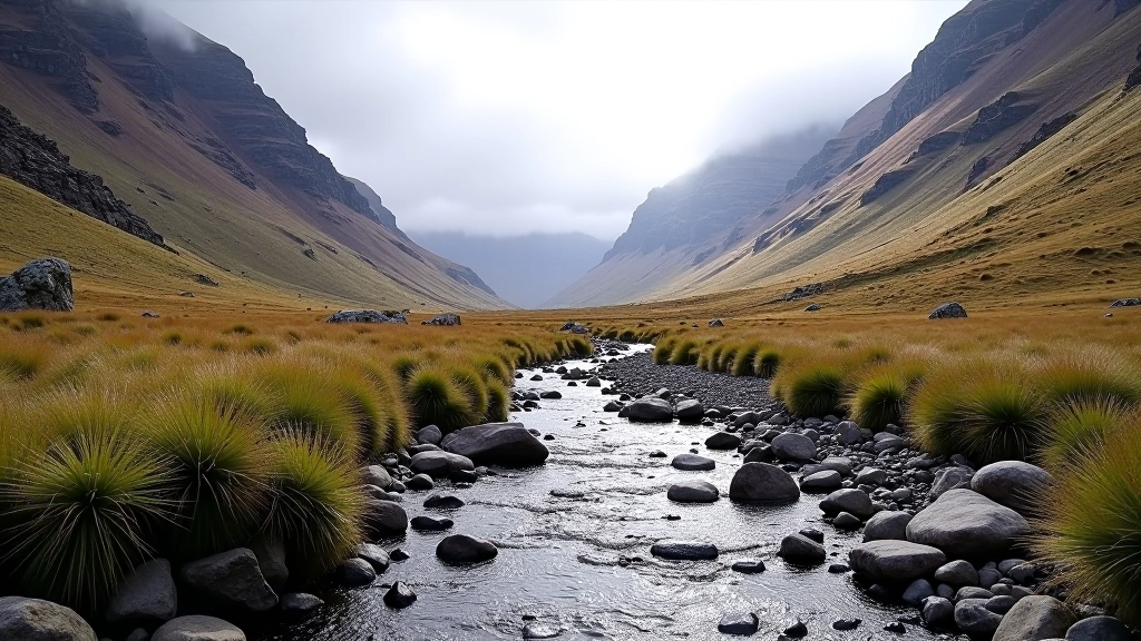 Mountain pass between purple mountain peaks with stream flowing through valley floor in Kerry
