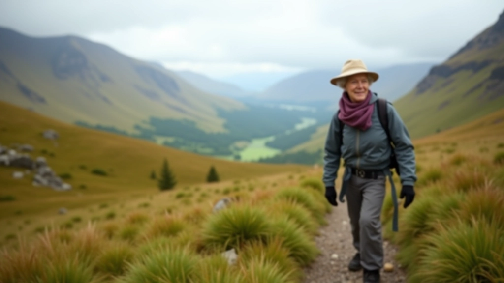 Senior hiker on accessible mountain trail with scenic backdrop