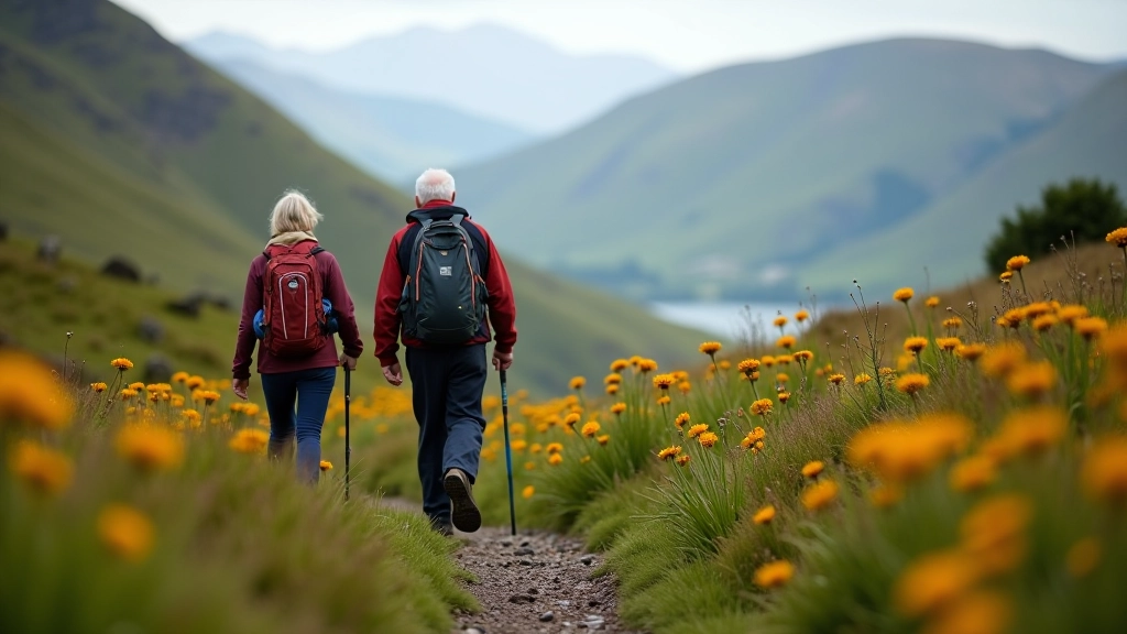 Senior hikers on accessible mountain trail with proper equipment and safety measures