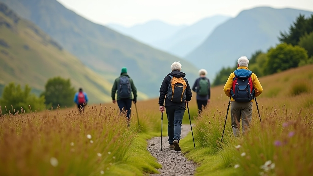 Senior hikers on accessible mountain trail with stable terrain and clear pathways