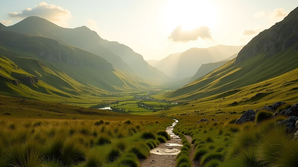 Stunning Irish mountain valley landscape with rolling green hills, dramatic peaks, and clear pathways winding through pristine terrain