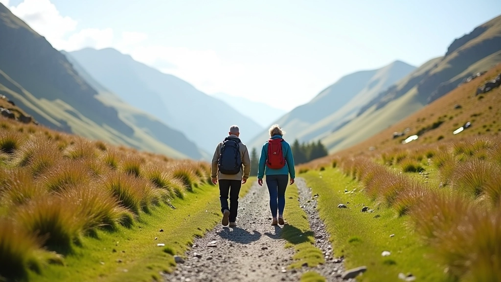 Wide mountain trail with clear width of at least two meters, showing space for comfortable walking and passing other hikers safely